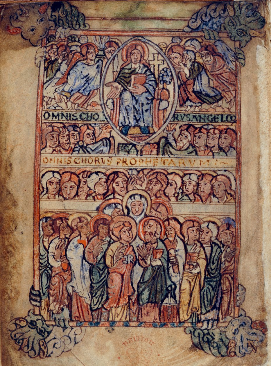 Cotton Galba A. XVIII, f.2v Krisztus a Felségben a szenvedés eszközeivel, valamint angyalok és próféták kórusaival körülvéve, illusztráció az „Athelstan Psalter”-ből (vellum) alkotó: English School