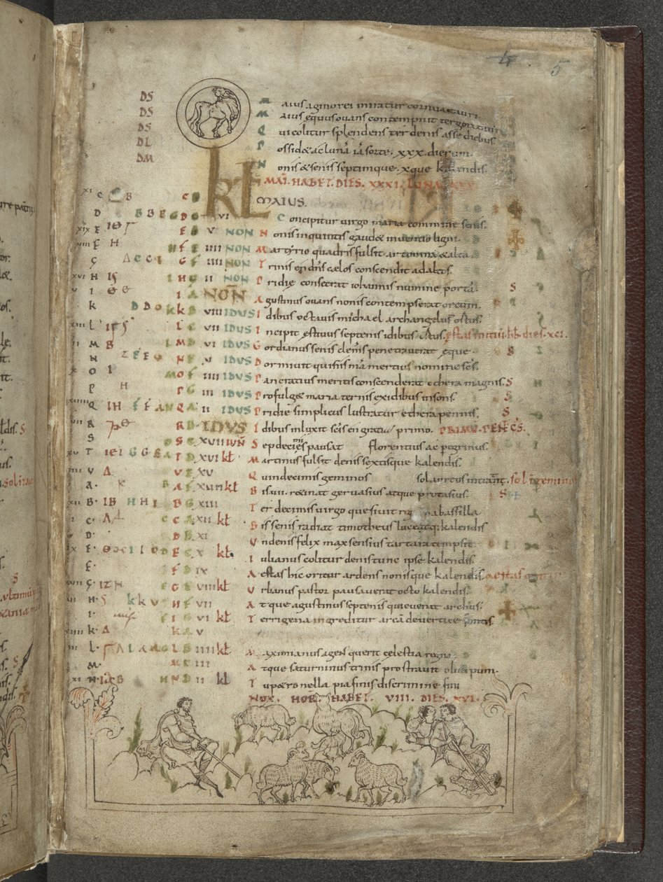 Cotton Julius A. VI, f.5, Május naptári oldala: Pásztorok és nyáj (vellum) alkotó: English School