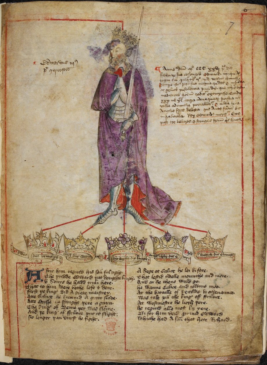 Cotton Julius E. IV, f.7 III. Eduárd rajza, rövid beszámolóval az uralkodásáról, valamint sorok az „Anglia királyairól szóló versekből I. Vilmostól VI. Henrikig”, 1431 után (vellum) alkotó: English School