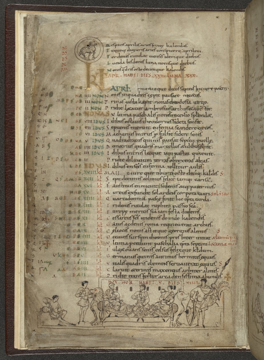 Cotton MS Julius A. VI, f.4v, Április naptári oldala: Lakomázó jelenet három nemessel (vellum) alkotó: English School