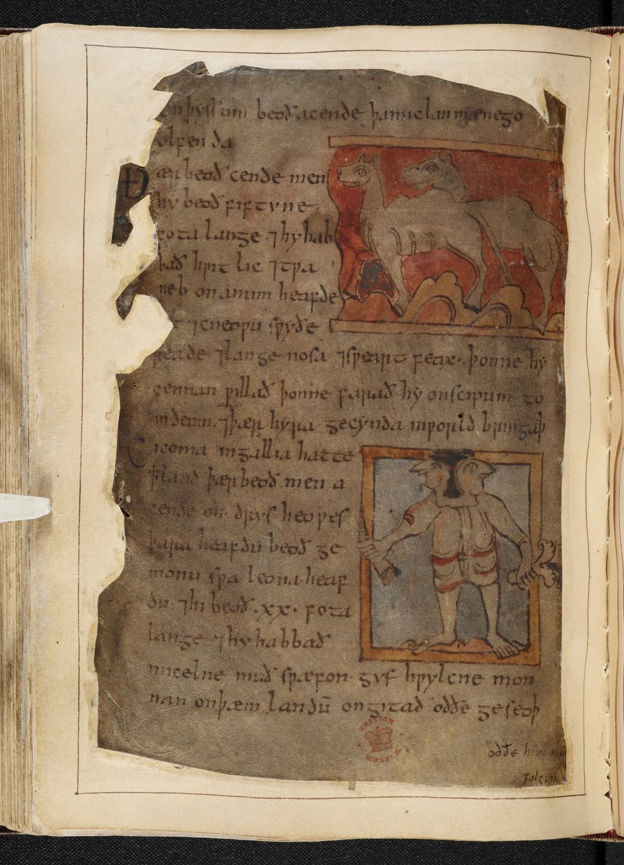 Pamut MS Vitellius A XV f.101v, Beowulf, a „Nowell Codex”-ből (tinta pergamenre) alkotó: English School