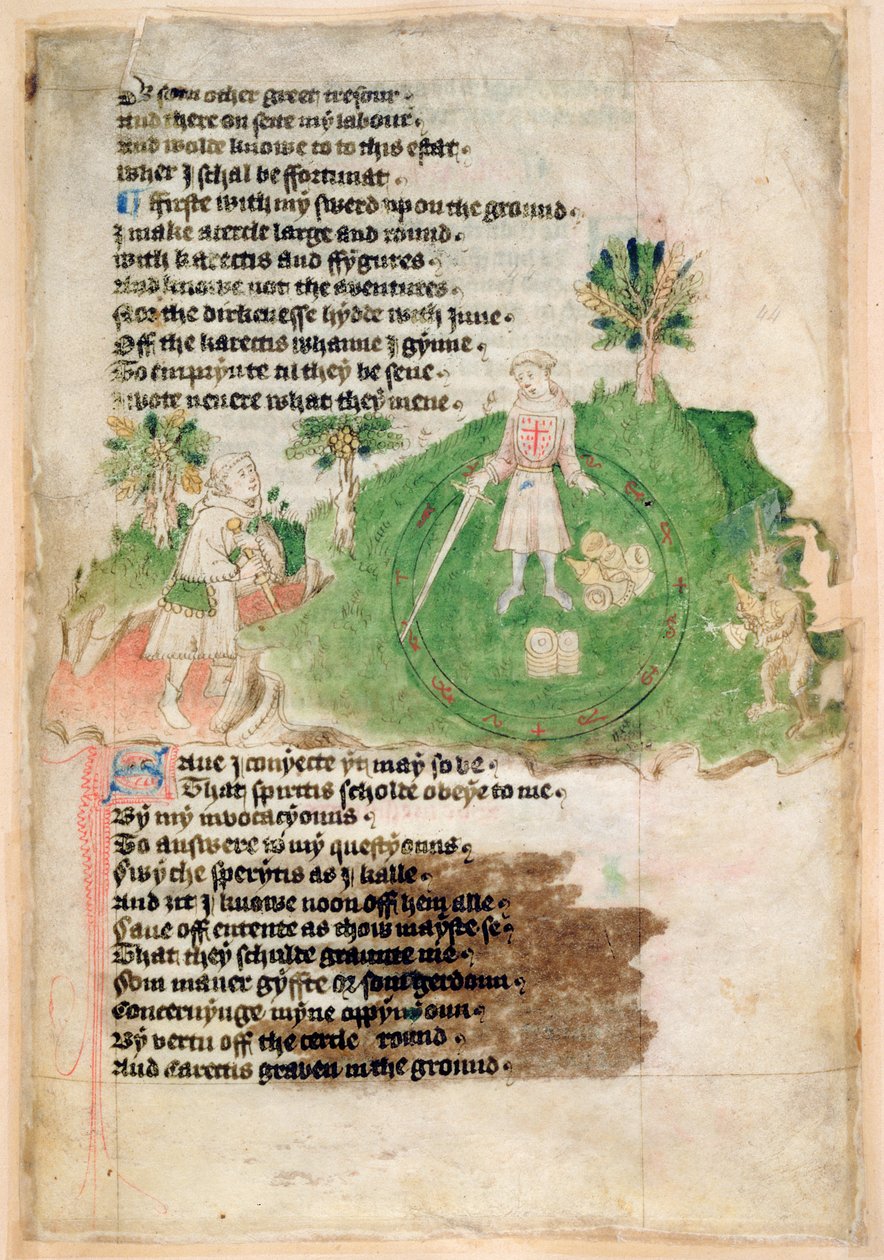 Cotton Ms Tiberius A vii fol.44 Démonok kincset hoznak egy varázslónak (vellum) alkotó: English School