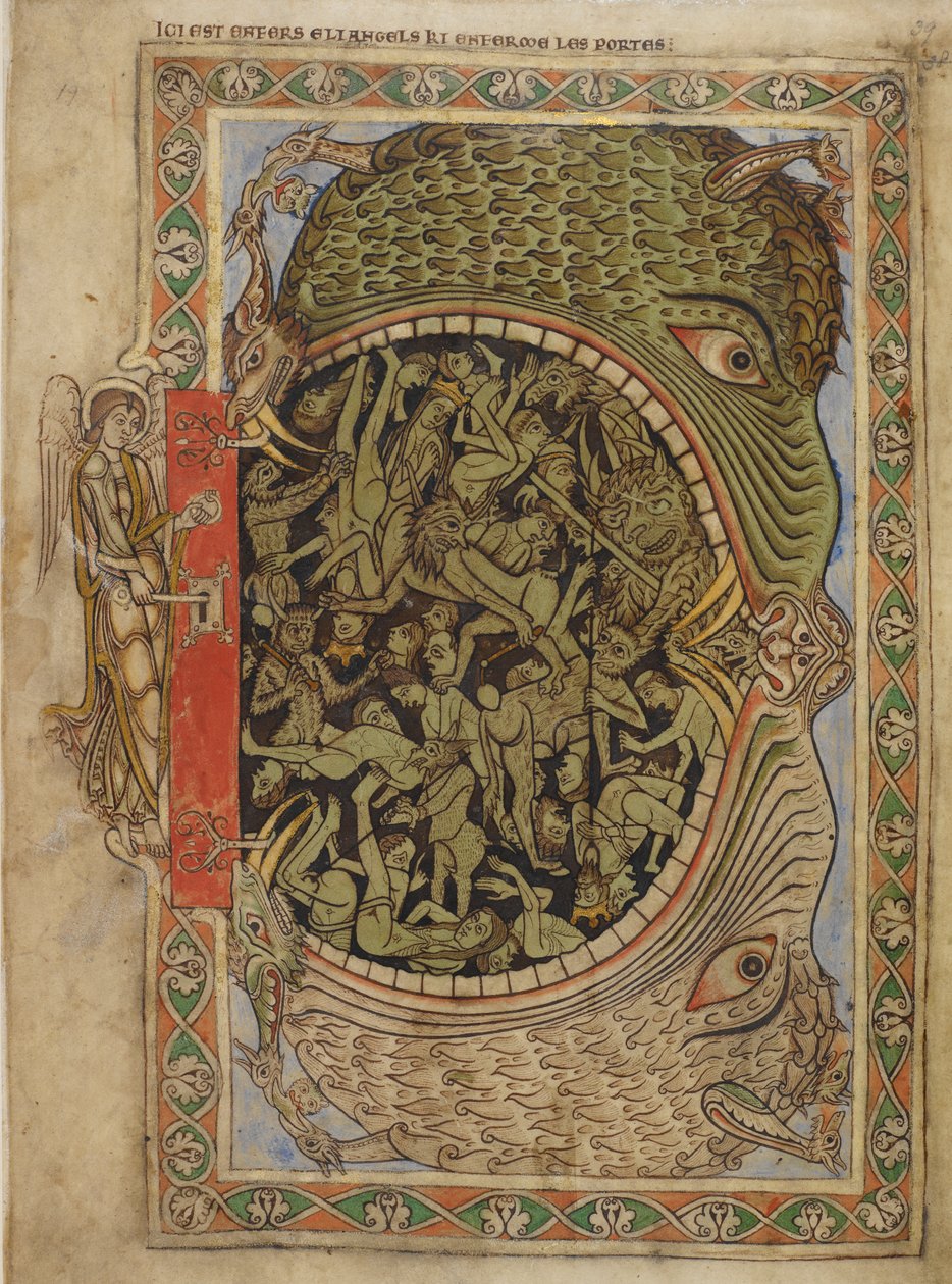 Cotton Nero C IV f.39 A pokol állkapcsa egy angyal által rögzítve, Blois Henrik zsoltárából, 1121-61 körül (vellum) alkotó: English School