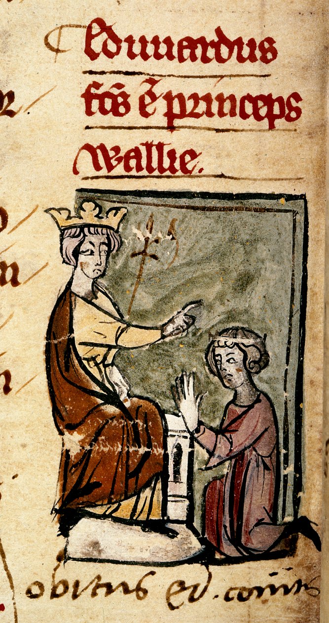Cotton Nero D. II, f.191v Caernarvoni Edward (II. Edward) apja, I. Edward király megalkotta Wales hercegét és Chester grófját a lincolni parlamentben, 1301. február 7-én a Chronica Roffense-ből, Matthew által Párizs (vellum) alkotó: English School