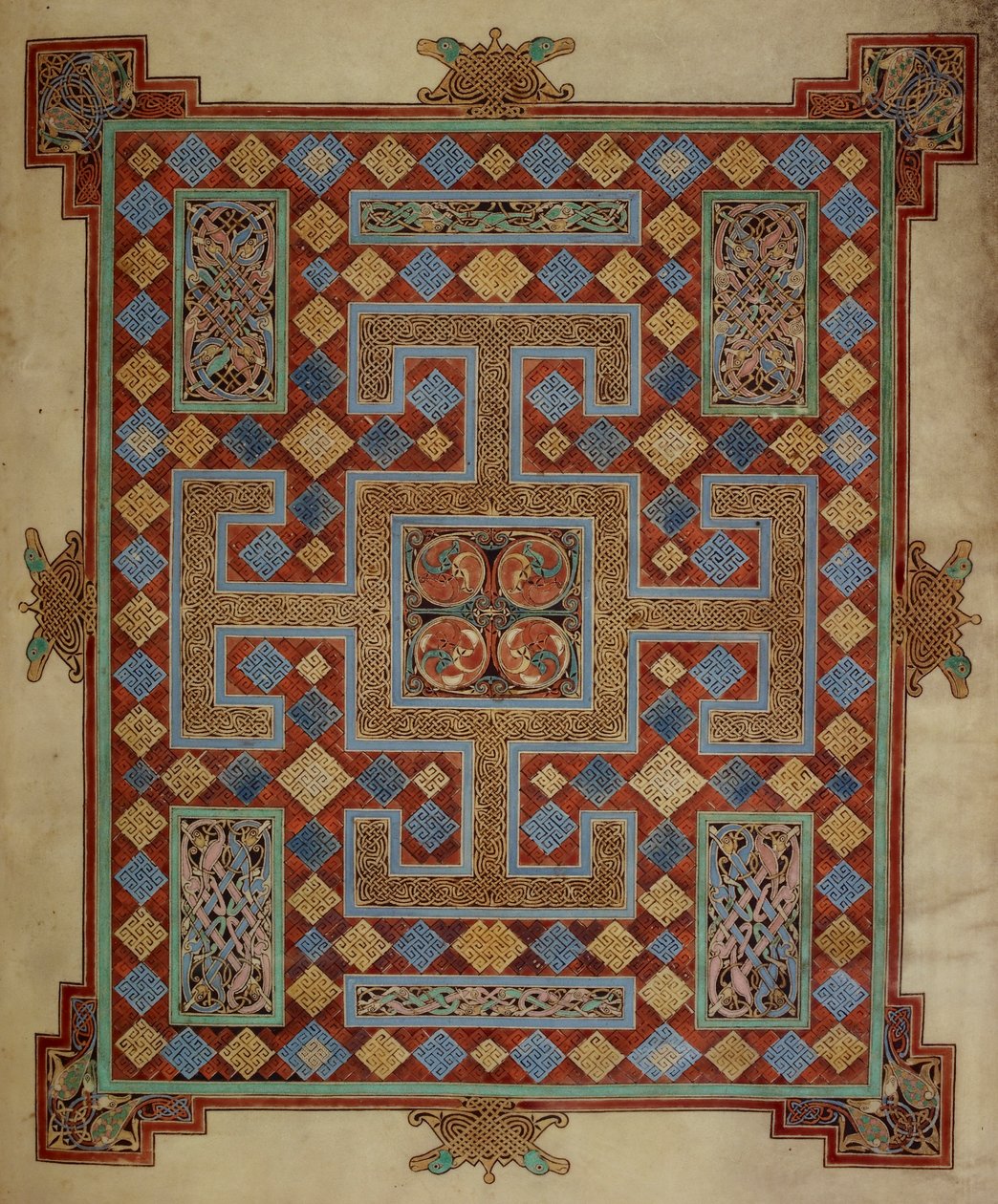 Cotton Nero D. IV, f.138v Szőnyegoldal, amely Szent Lukács evangéliumát mutatja be, a Lindisfarne-i evangéliumokból, 710-21 (vellum) alkotó: English School