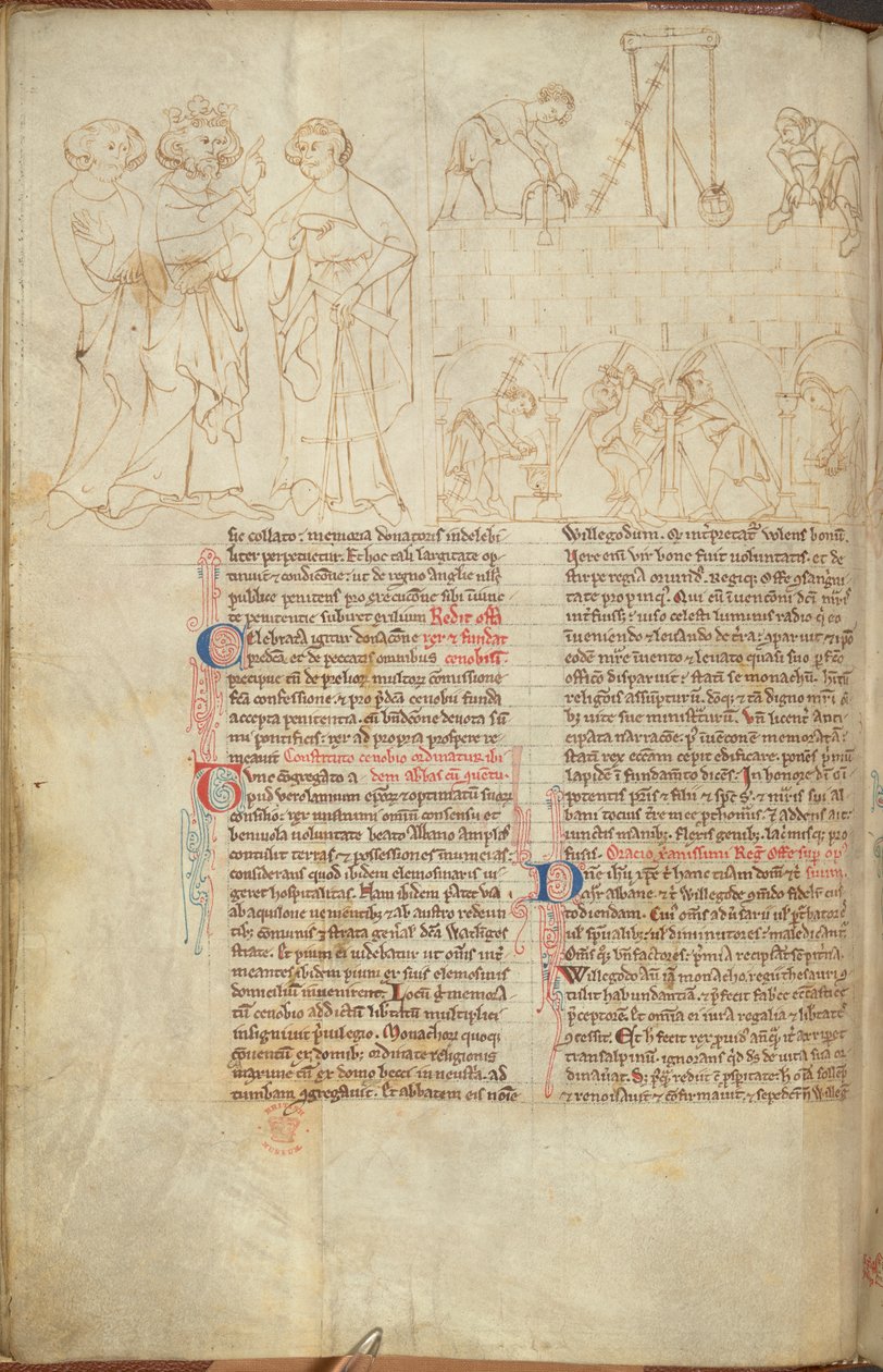 Cotton Nero D. I f.23v Clifford tornyának épülete St Albansban, az Offák életéből (vellum) alkotó: English School