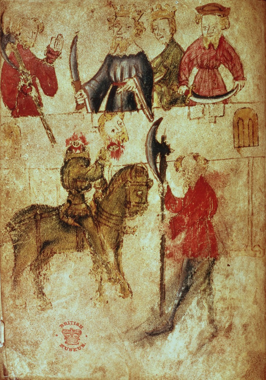 Cotton Nero Ms A X, f.94v: A fej nélküli zöld lovag az Arthur