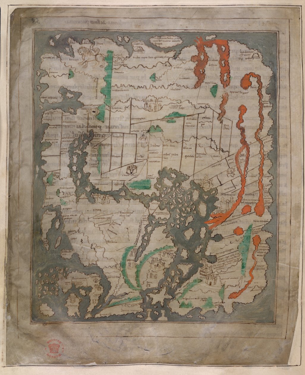 Cotton Tiberius B.V., 1. rész, f.56v A Tiberius térkép, Mappa Mundi (vellum) alkotó: English School