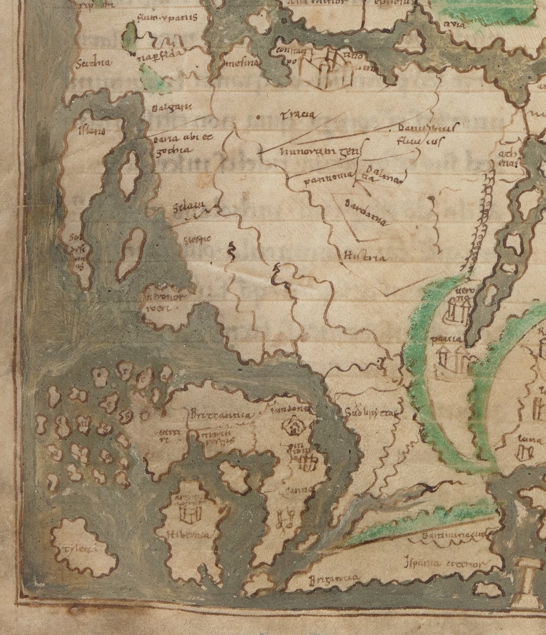 Cotton Tiberius B.V, 1. rész, f.56v A Tiberius-térkép, Mappa Mundi, Nyugat-Európa és a Brit-szigetek részlete (vellum) alkotó: English School