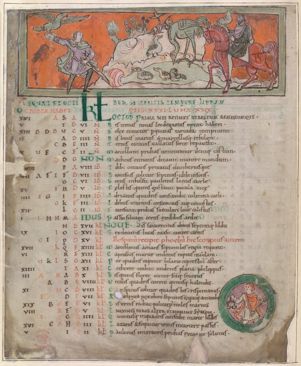 Cotton Tiberius B. V, 1. rész, f.7v Illusztráció egy „angolszász naptárból” (vellum) alkotó: English School