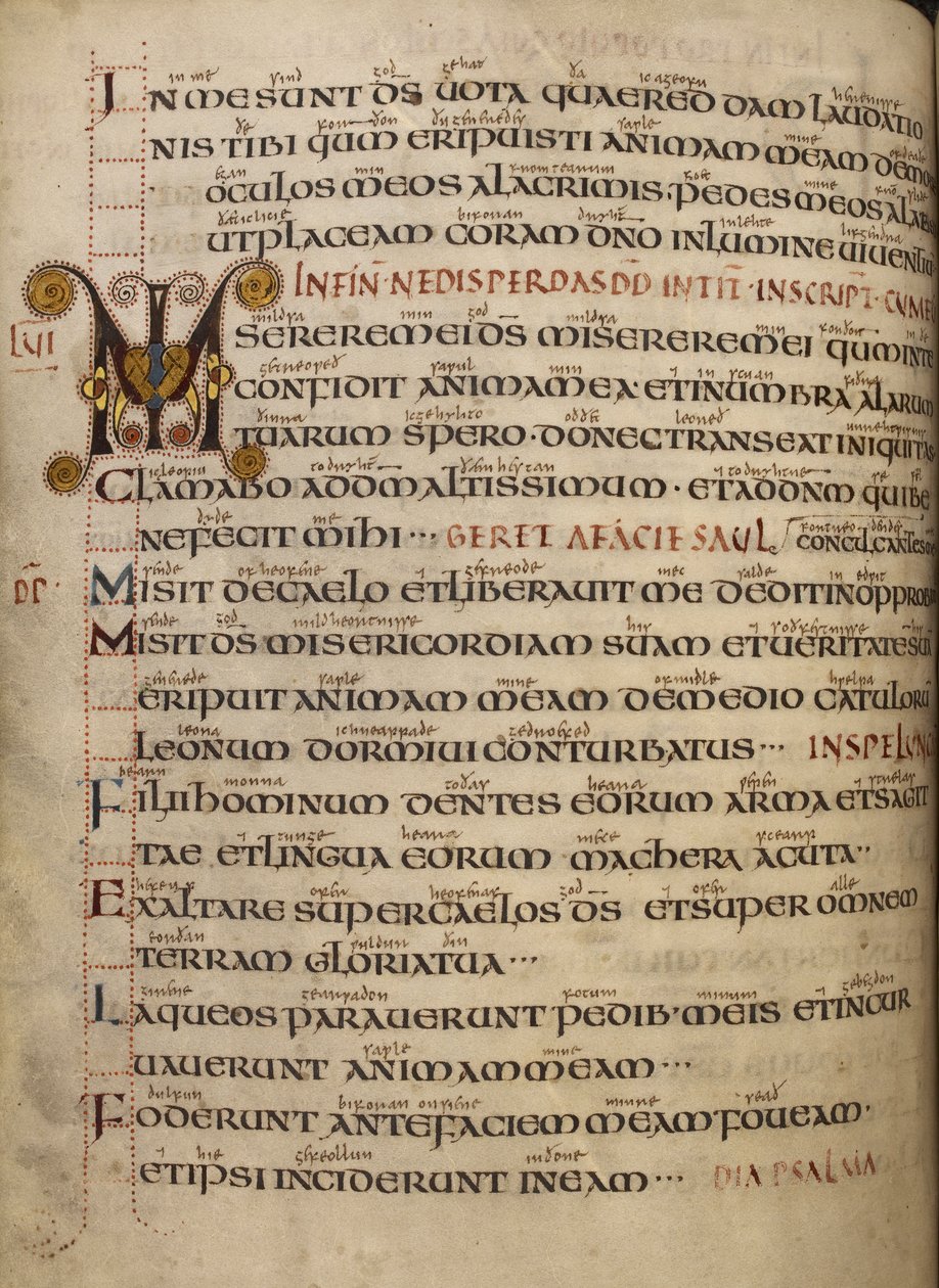 Pamut Vespasianus A. I, f.55v 56. zsoltár óangol fényezéssel és díszített kezdőbetűvel alkotó: English School