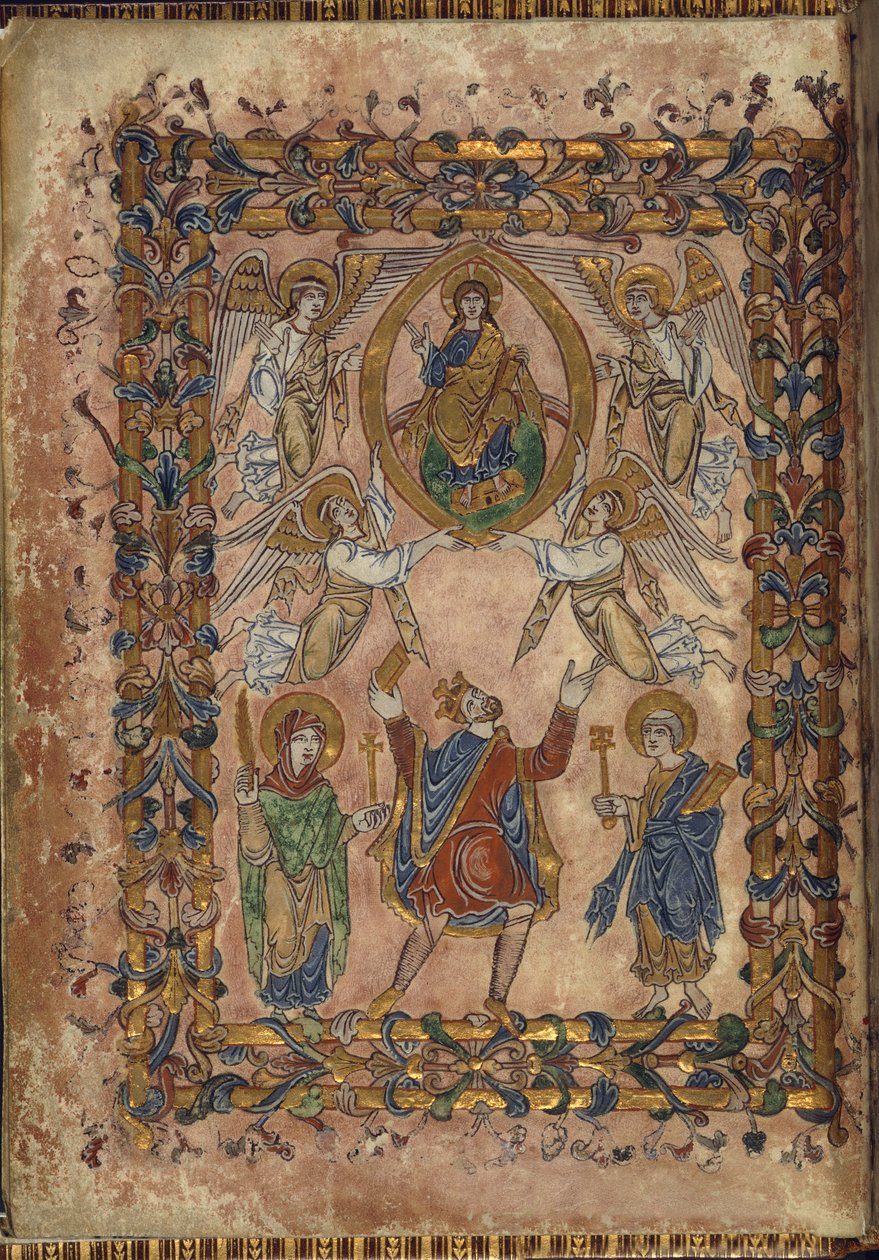 Pamut Vespasianus A. VIII, f.2v Edgar chartát ajánl Krisztusnak, illusztráció a „The New Minster Charter”, 966 (vellum) alkotó: English School