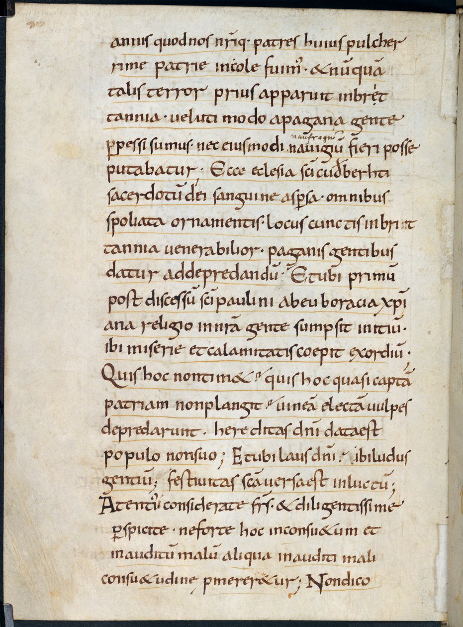 Cotton Vespasianus A. XIV, f.126v Alcuin levele, melyben részvétet ajánl a vikingek Lindisfarne elleni támadása miatt 793-ban (tinta pergamen) alkotó: English School