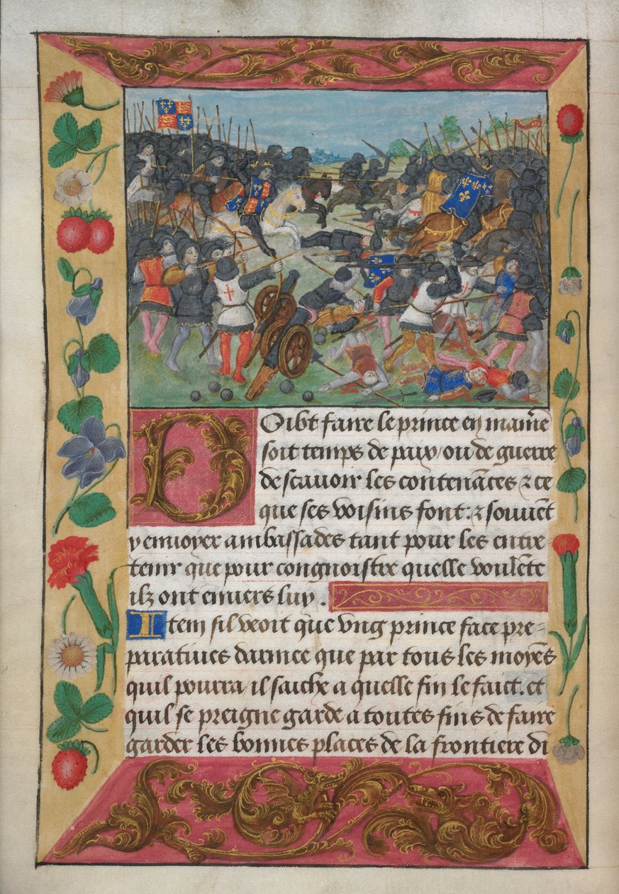 Cotton Vespasianus A xvii, f.13v, Anglia királya fehér lovon ülve, üldözi a menekülő francia királyt, Robert de Balsac Manual on Warfare for the Instruction of a Prince, 1490-es évek körül (vellum) alkotó: English School