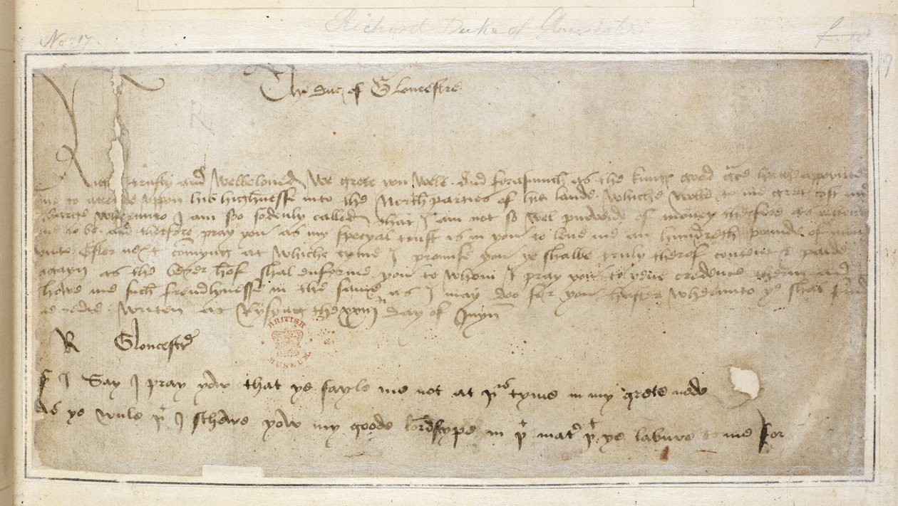 Cotton Vespasianus MS F III f.19 Richard első fennmaradt levele Sir John Say-nek alkotó: English School