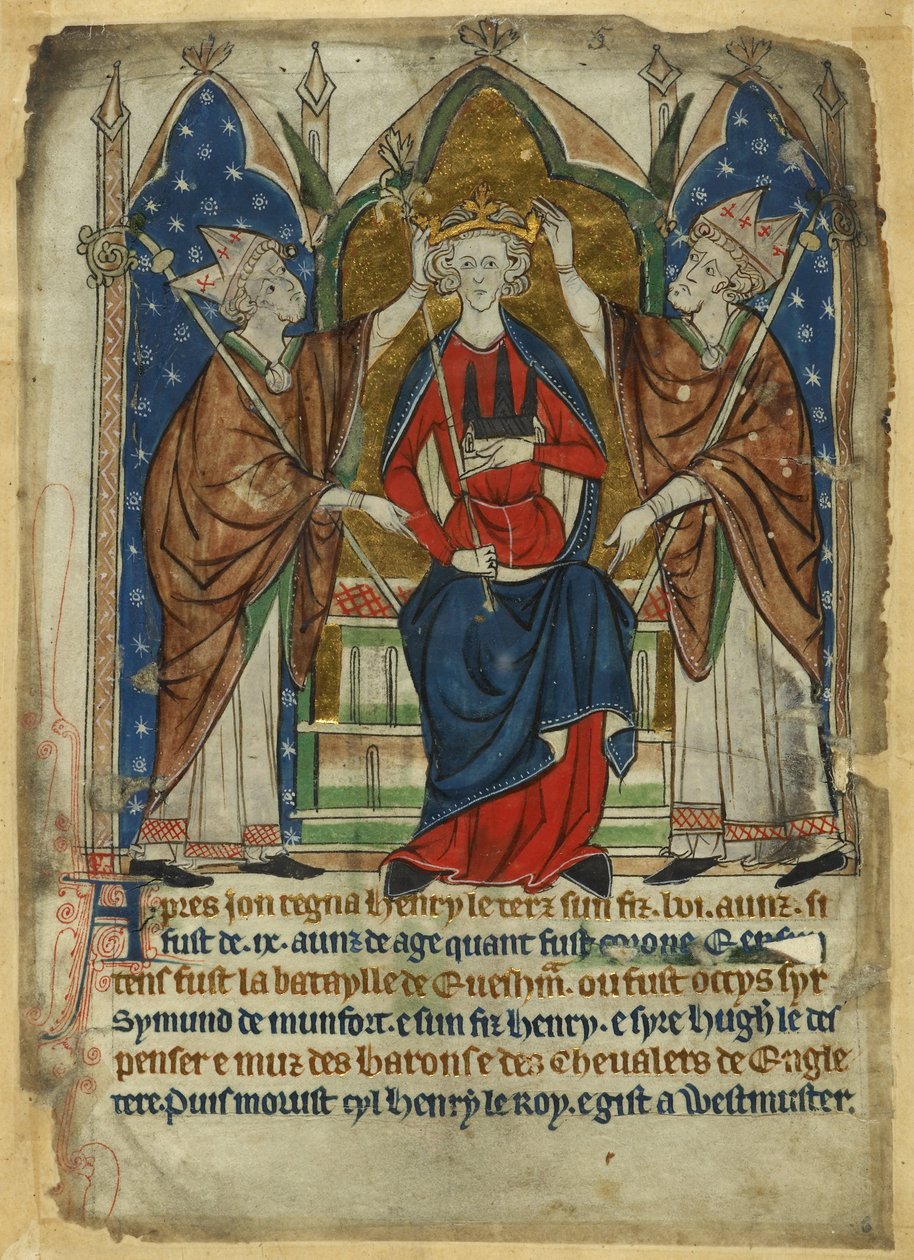 Cotton Vitellius A. XIII, f.6, III. Henrik koronázása, „Angolszász és normann Anglia királyainak rendeletei” c.1280-1300 (vellum) alkotó: English School