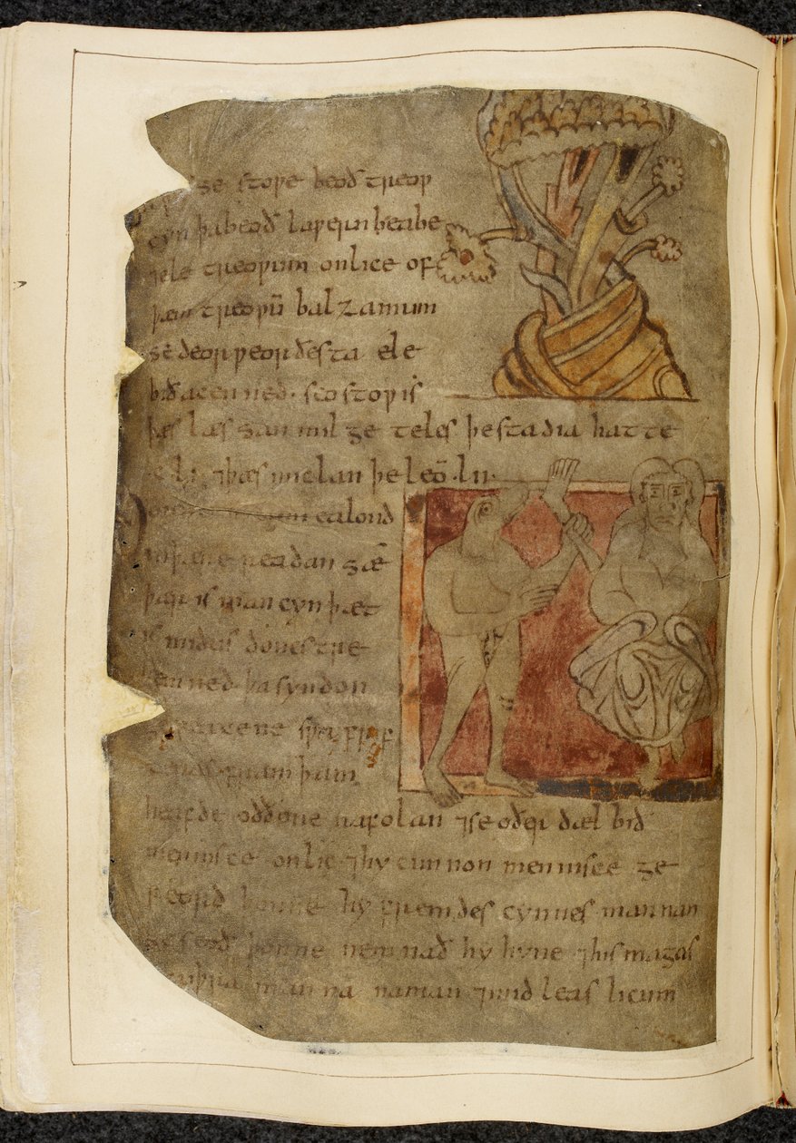 Cotton Vitellius A. XV f.103v, Fa, amelyből balzsam nő; egy donestre, egy vadfejű férfi, a bal oldalon egy emberi lábbal és egy személy, a jobb oldalon egy személy, illusztráció Beowulfból, a „Nowell Codex”-ből (tinta pergamenen) alkotó: English School