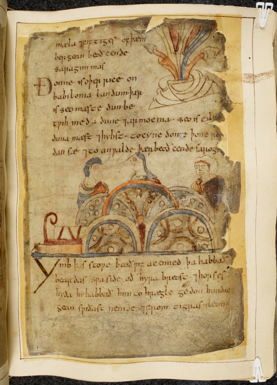 Cotton Vitellius A. XV f.105, aranyszőlőfa; három ember beszélget, egy kedves nemzetet jelképezve, akik a Vörös-tengeren uralkodnak, ahol a legjobb gyöngyök találhatók, illusztráció Beowulfból, a „Nowell Codex”-ből (tinta pergamenre) alkotó: English School