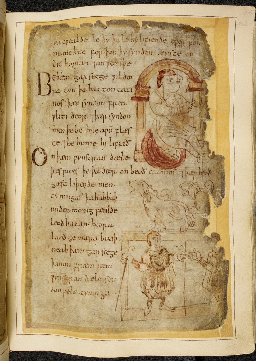 Cotton Vitellius A. XV f.106r, Egy férfi ül egy párnán egy boltív alatt; két catini, tátott szájú vadállat, mint a kutyák; egy taláros férfi bottal, kezét egy másik férfinak nyújtva, illusztráció Beowulfból, a „Nowell Codex”-ből (tinta pergamenen) alkotó: English School