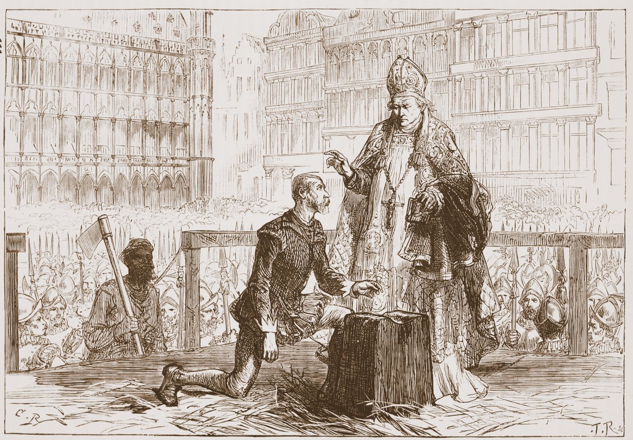 Egmont gróf az állványon a kivégzése előtt, illusztráció James Aitken Wylie (1808-1890) „A protestantizmus története” című művéből, pub. 1878 (metszet) alkotó: English School