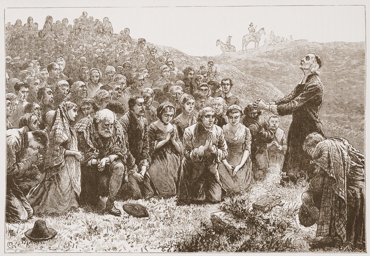 Covenanters istentisztelet a Whitadder partjainál, illusztráció: James Aitken Wylie (1808-1890) A protestantizmus története című könyvéből, pub. 1878 alkotó: English School
