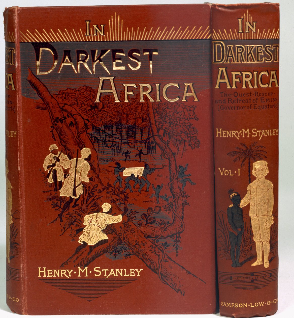 Az In Darkest Africa: or The Quest, Rescue és Retreat of Emin (Governor of Equatoria) borítója, I. kötet, 1890. alkotó: English School