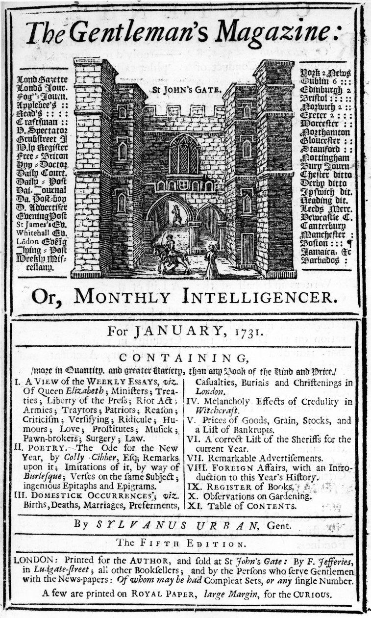 A The Gentlemans Magazine 1731 januárjában megjelent első kiadásának borítója alkotó: English School