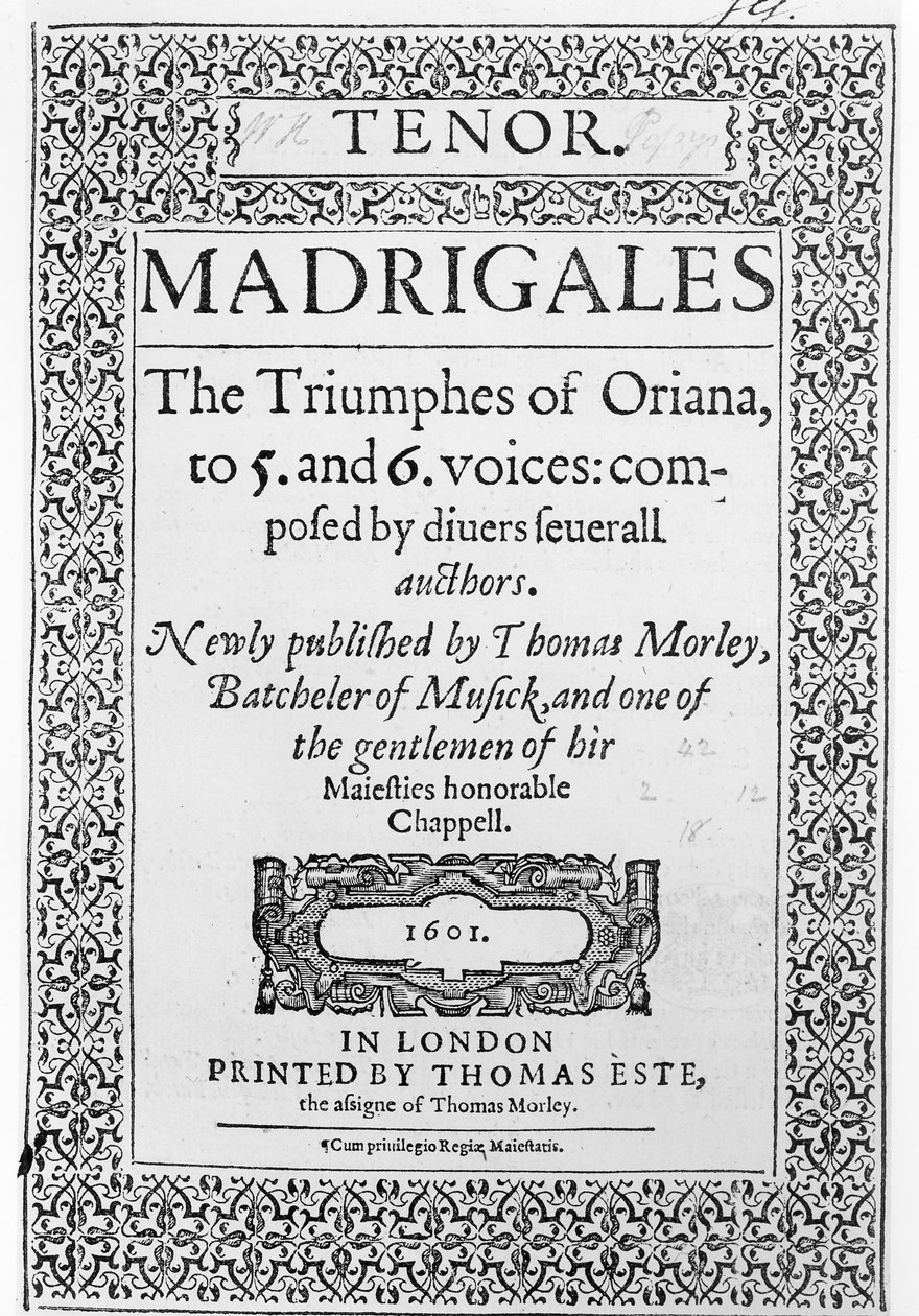 Az 1601-ben Thomas Este által kiadott The Triumphes of Oriana című könyv Tenor részének borítója alkotó: English School