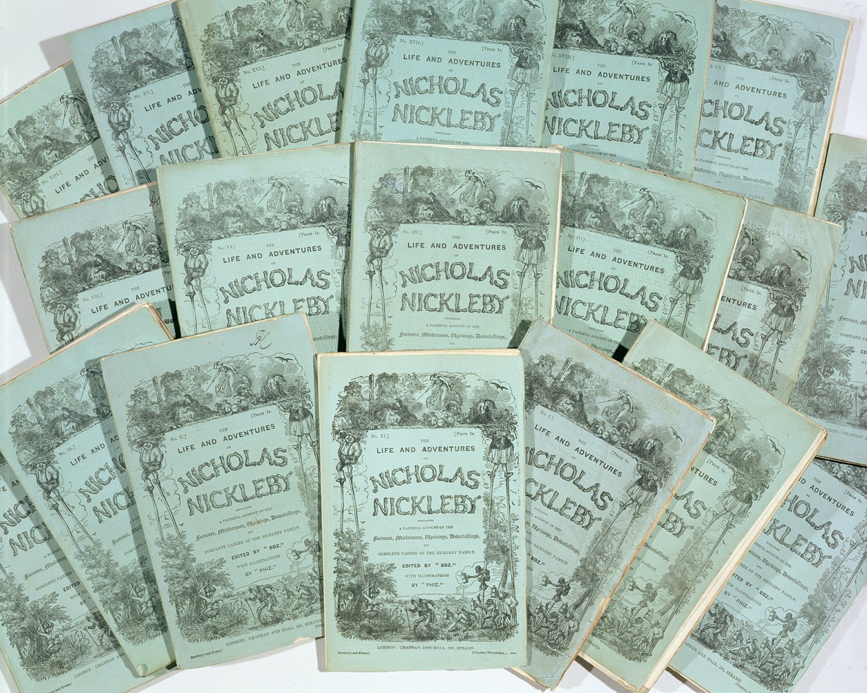 Borítók a Charles Dickens (1812-70) Nicholas Nickleby élete és kalandjai című, 1839-ben megjelent havi számából (lásd: 136075) alkotó: English School