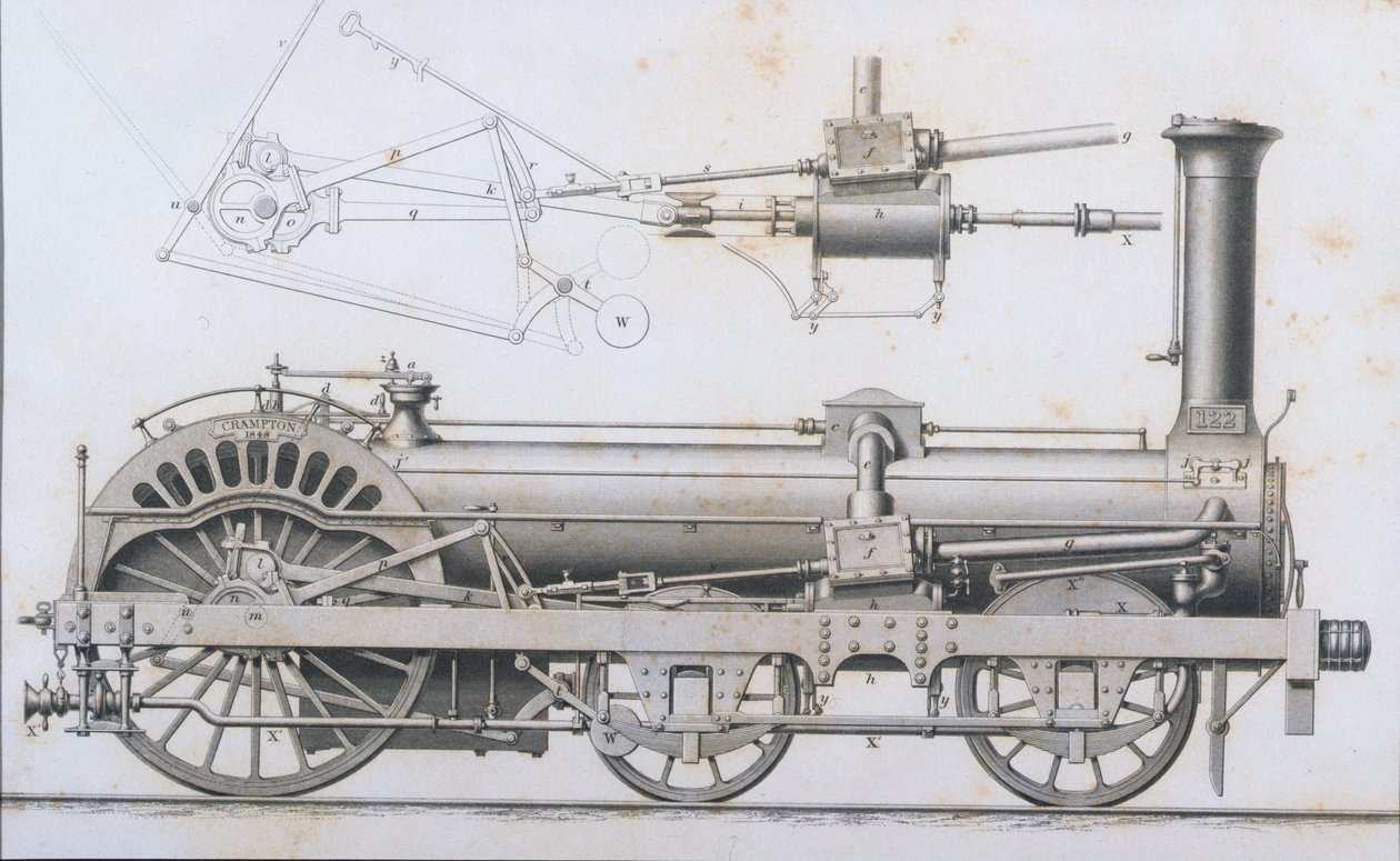 Cramptons Railway Locomotive Steam Engine a Cyclopaedia of Useful Arts & Manufactures-tól, szerkesztette Charles Tomlinson, 1880-as évek alkotó: English School