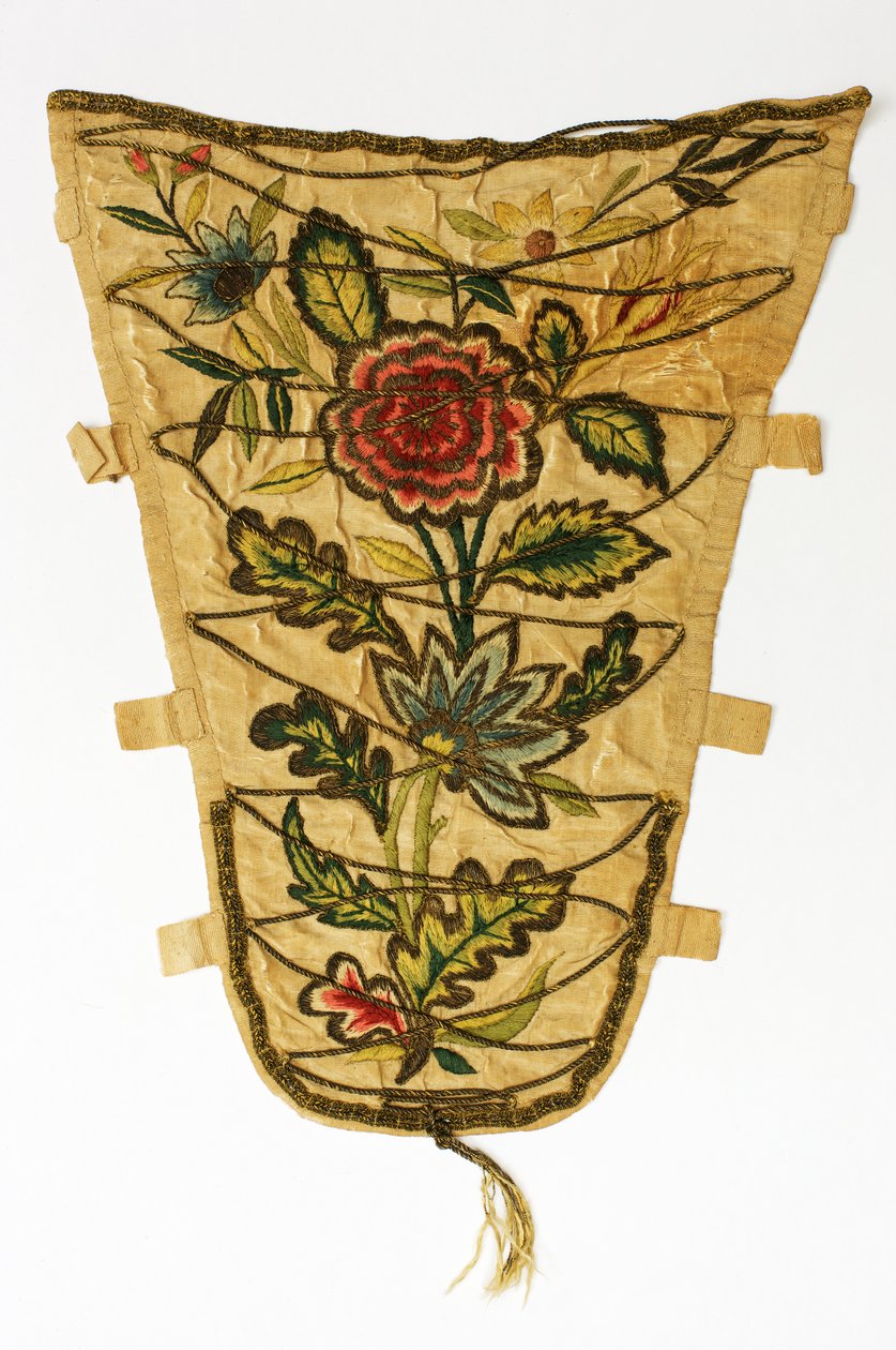 Színes és ezüstaranyozott cérnában virágcsomóval hímzett krémszínű Stomacher, 1700-50 körül (selyem) alkotó: English School