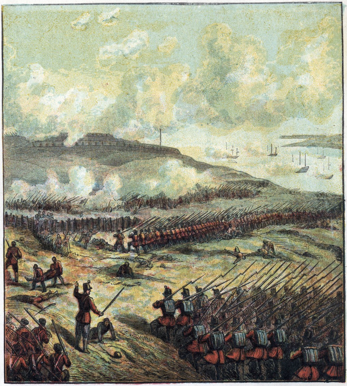 Krími háború (1853-1856): az inkermani (Inkerman) csata 1854. május 5-én Oroszország és a győztes brit, francia és török koalíció között. Az inkermani csata alkotó: English School