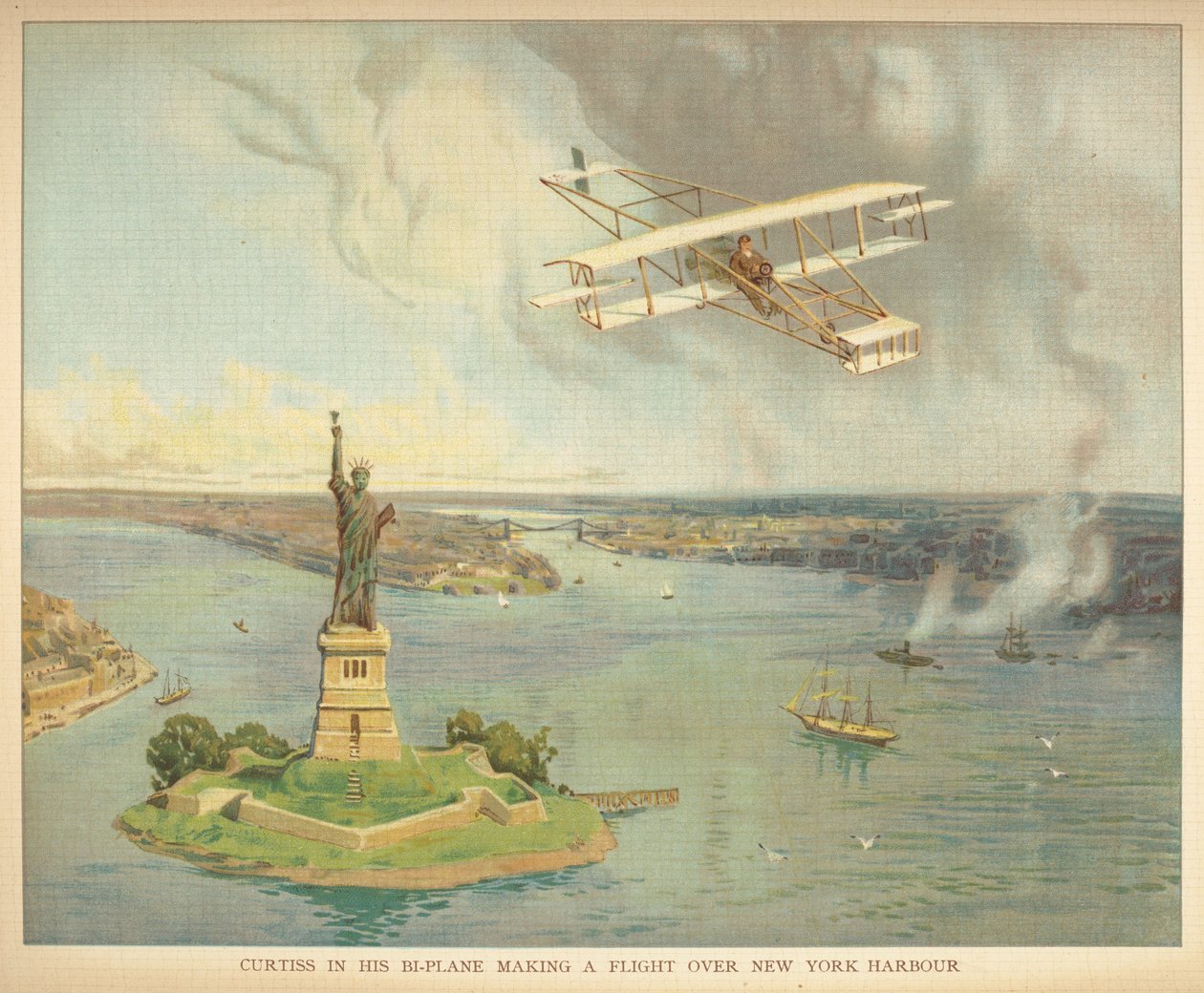 – Curtiss kétrepülőgépén repül New York kikötője felett. – Kis emberek könyve a léghajókról. London: Ernest Nister, [1912] alkotó: English School