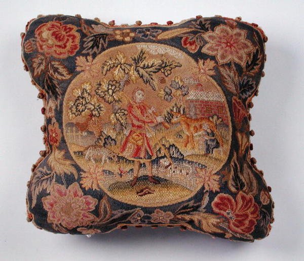 Pásztort ábrázoló, petit pointtal hímzett párna (textil) alkotó: English School