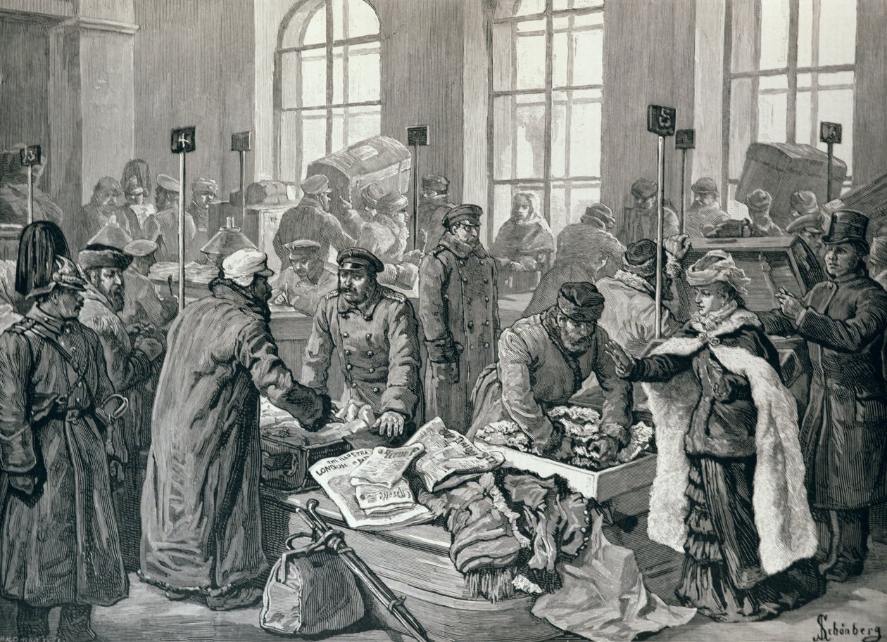 Vámtisztek, akik megvizsgálják az utasok poggyászát Németországból Wirballenben, az orosz határon, a „The Illustrated London News”-ból, 1887. január 29. alkotó: English School