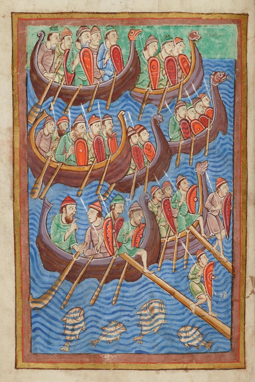 A dánok Hinguar és Hubba uralma alatt szállnak le Nagy-Britanniában, a Miscellanyból St. Edmund életéről, Bury St Edmundsból, 1130 körül (vellum) alkotó: English School
