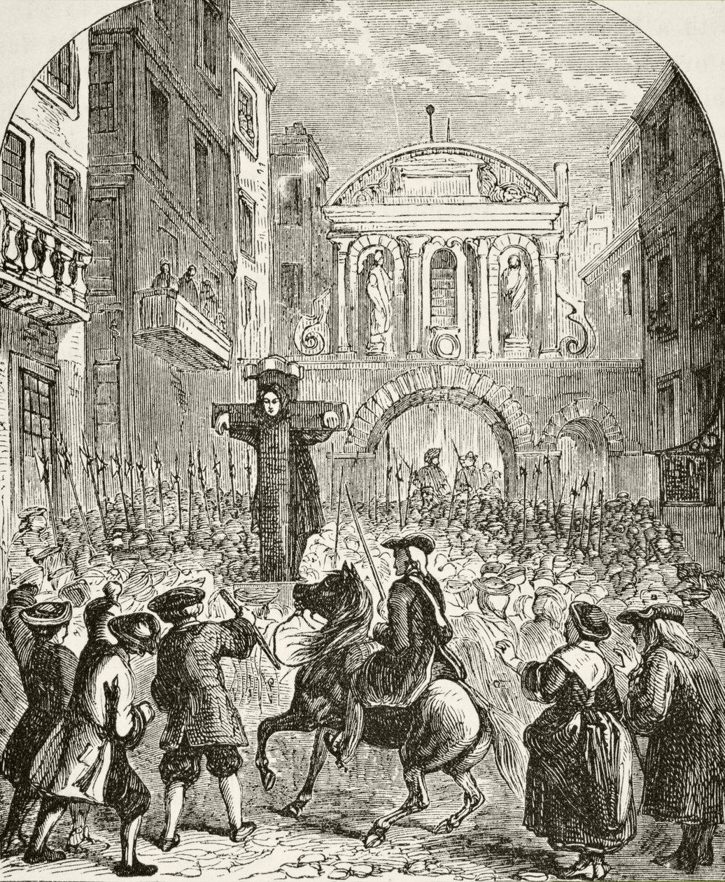 Daniel Defoe a Temple Bar pilléren, William Hickman Smith Aubrey (1858-1916) „Anglia nemzeti és hazai története” című művéből, London, 1890 körül. alkotó: English School