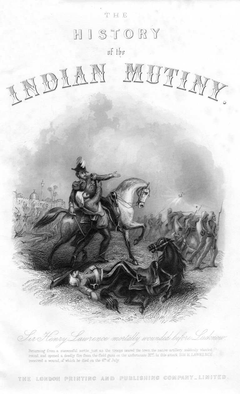 Sir Henry Montgomery Lawrence halála, az 1858-ban megjelent The History of the Indian Mutiny c. alkotó: English School