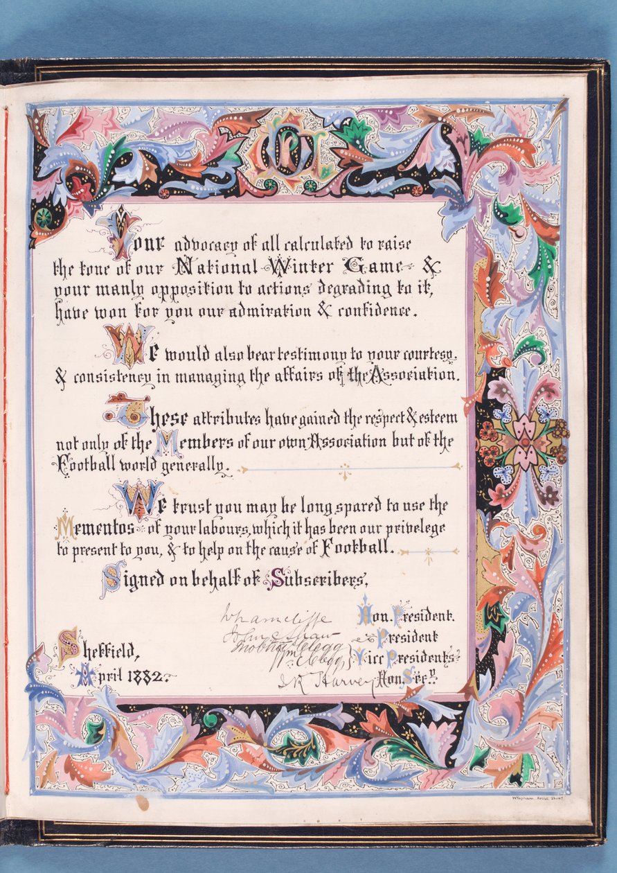 Dedikáció a Sheffield Football Association által William Pierce-Dixhez intézett beszédéből, 1882-ben, titkári visszavonulása alkalmából (tinta papíron) (lásd még: 315162) alkotó: English School
