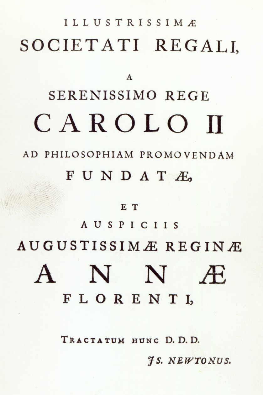 Dedikáció a Newtons Philosophiae Naturalis Principia Mathematica második kiadásának Királyi Társaságának. 1713 alkotó: English School