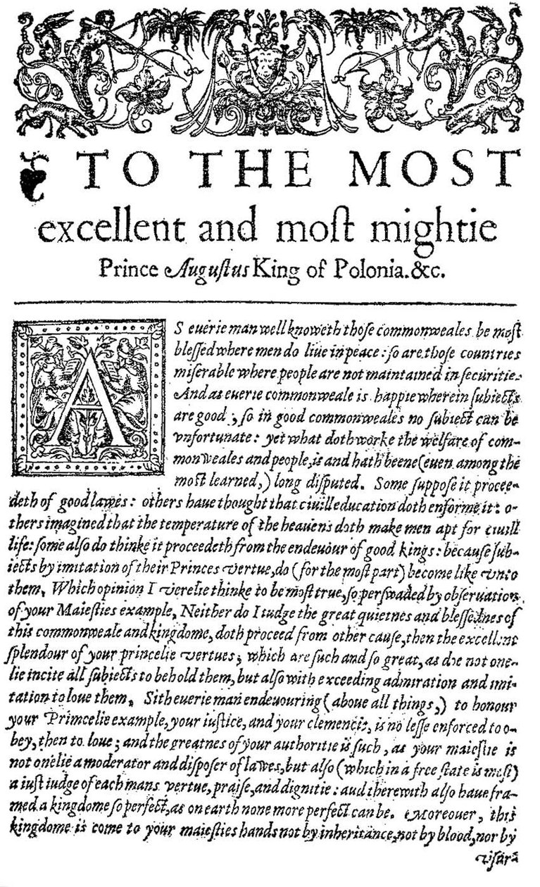 Dedikáció II. Ágost Zsigmond lengyel királynak a Tanácsadóban, a Wawrzyniec Grzyma?a Go?lickis De optimo senatore első angol fordításában, 1598 (nyomtatás) alkotó: English School