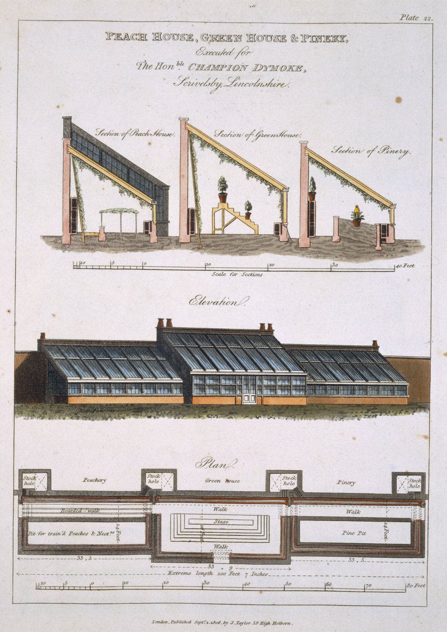 Barackház, zöld ház és fenyőfa terv, 1806 alkotó: English School