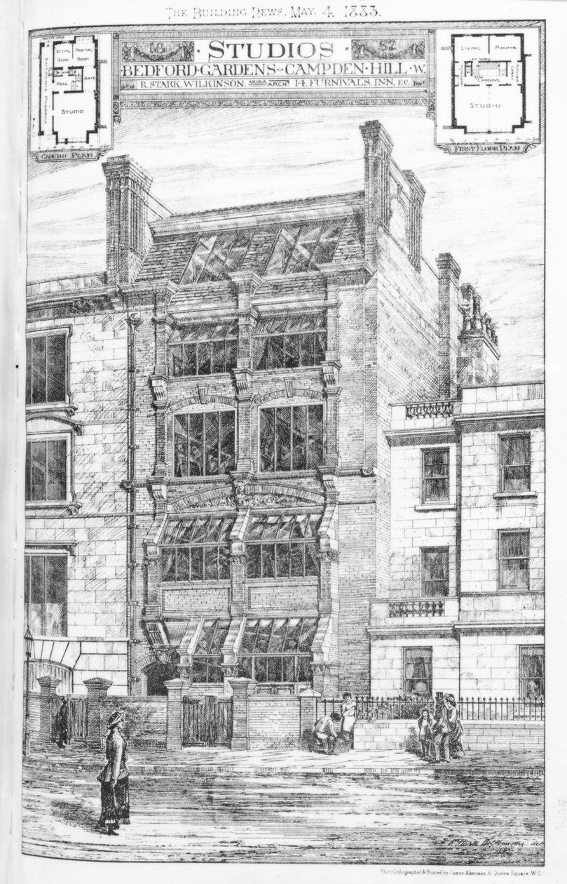 Tervezés a Bedford Gardens stúdiói számára, Campden Hill, London, „The Building News”, 1883. május 4. alkotó: English School