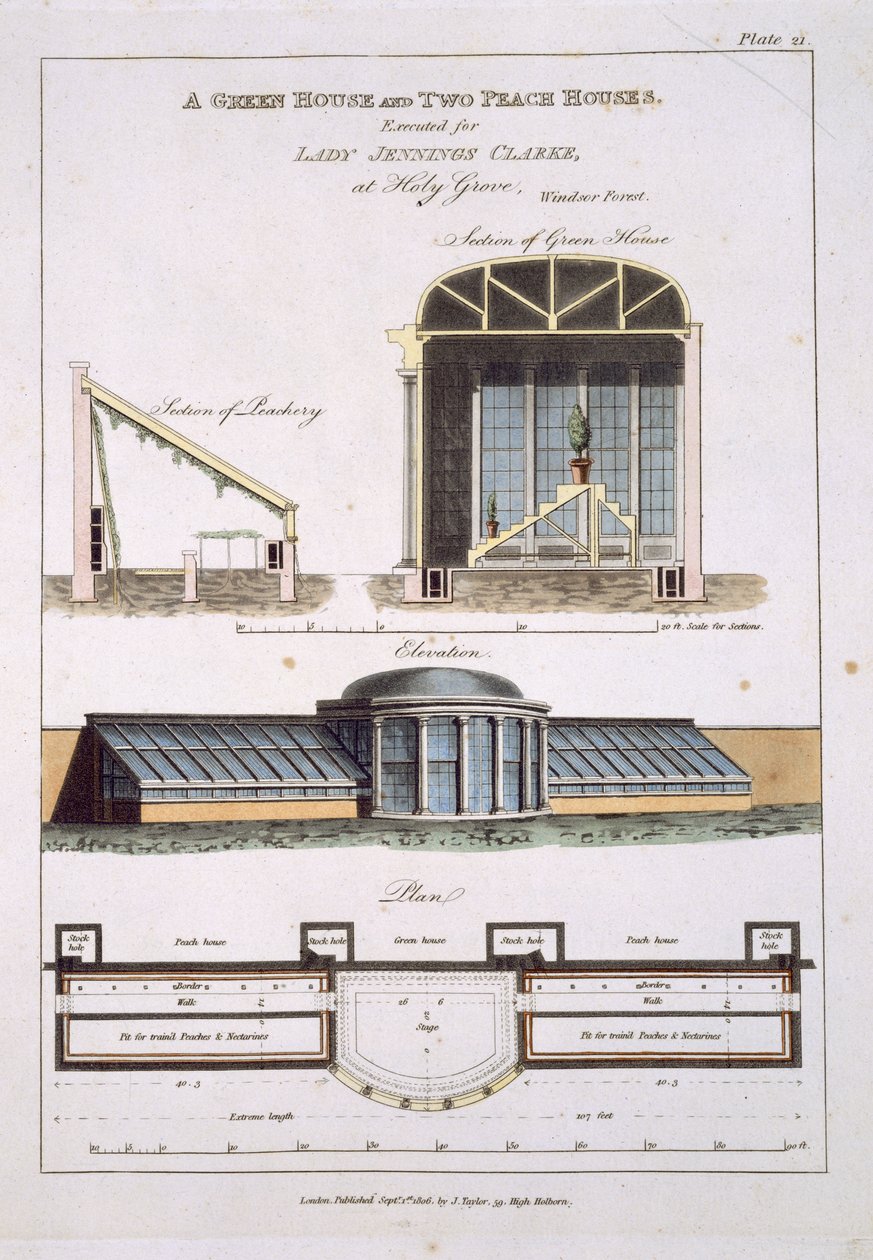 Tervezés egy zöld házhoz és két barackházhoz, 1806 alkotó: English School