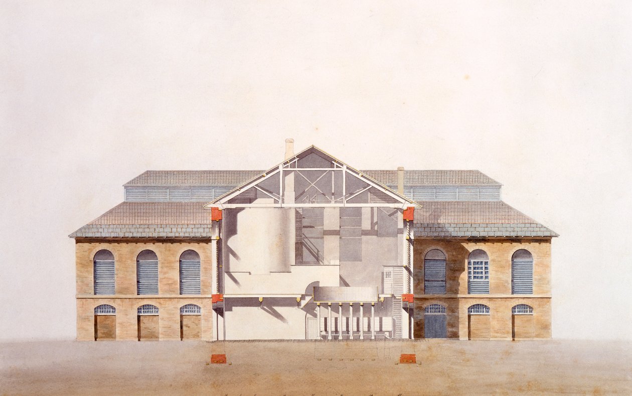 Tervezés a Stag Brewhouse számára, eredeti kéziratos rajz George Saunders irodájából, 1807 körül (ceruza, wc, toll és tinta papíron) alkotó: English School