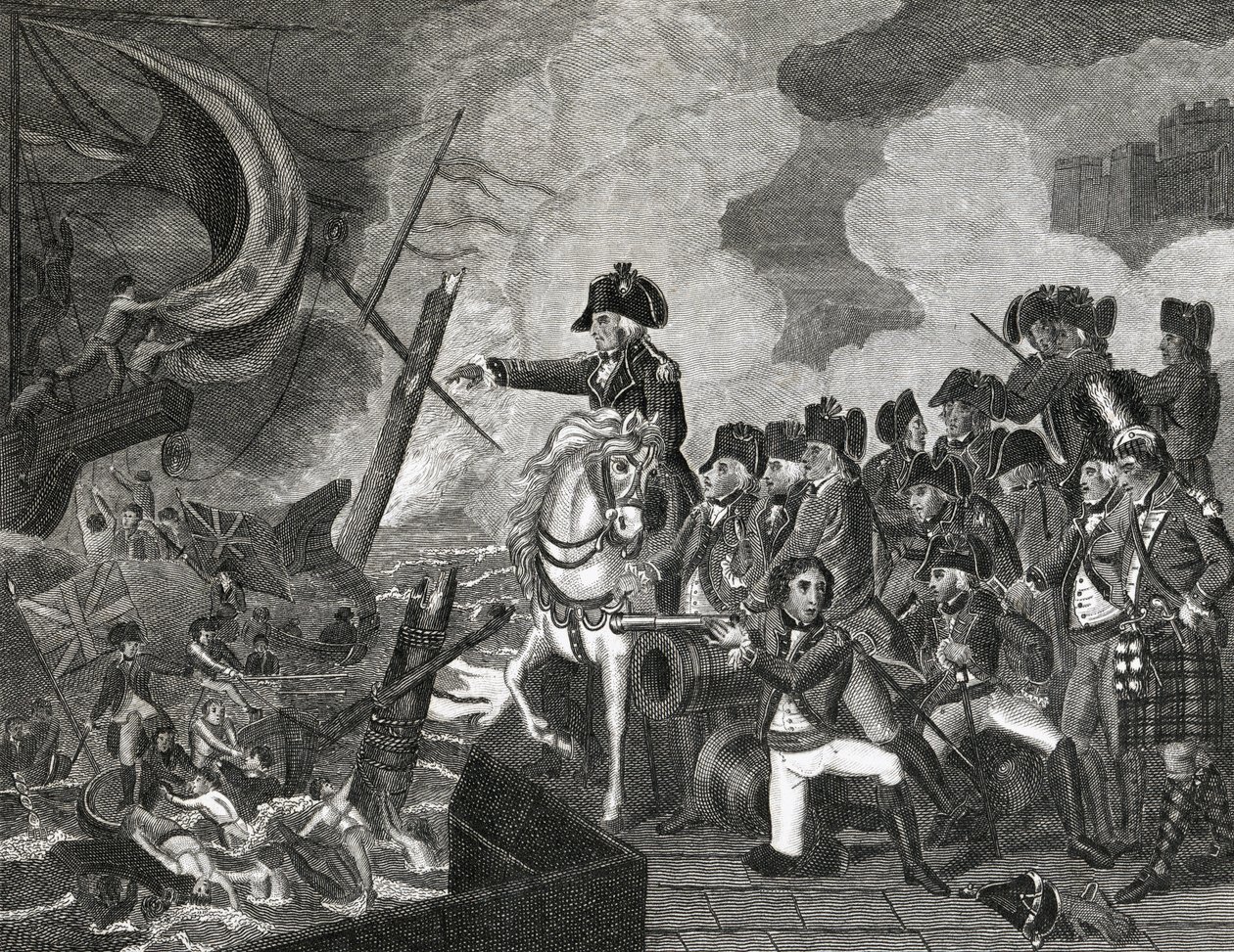A fegyveres csónakok megsemmisítése Gibraltár előtt, H. Cook metszete, 1816 alkotó: English School