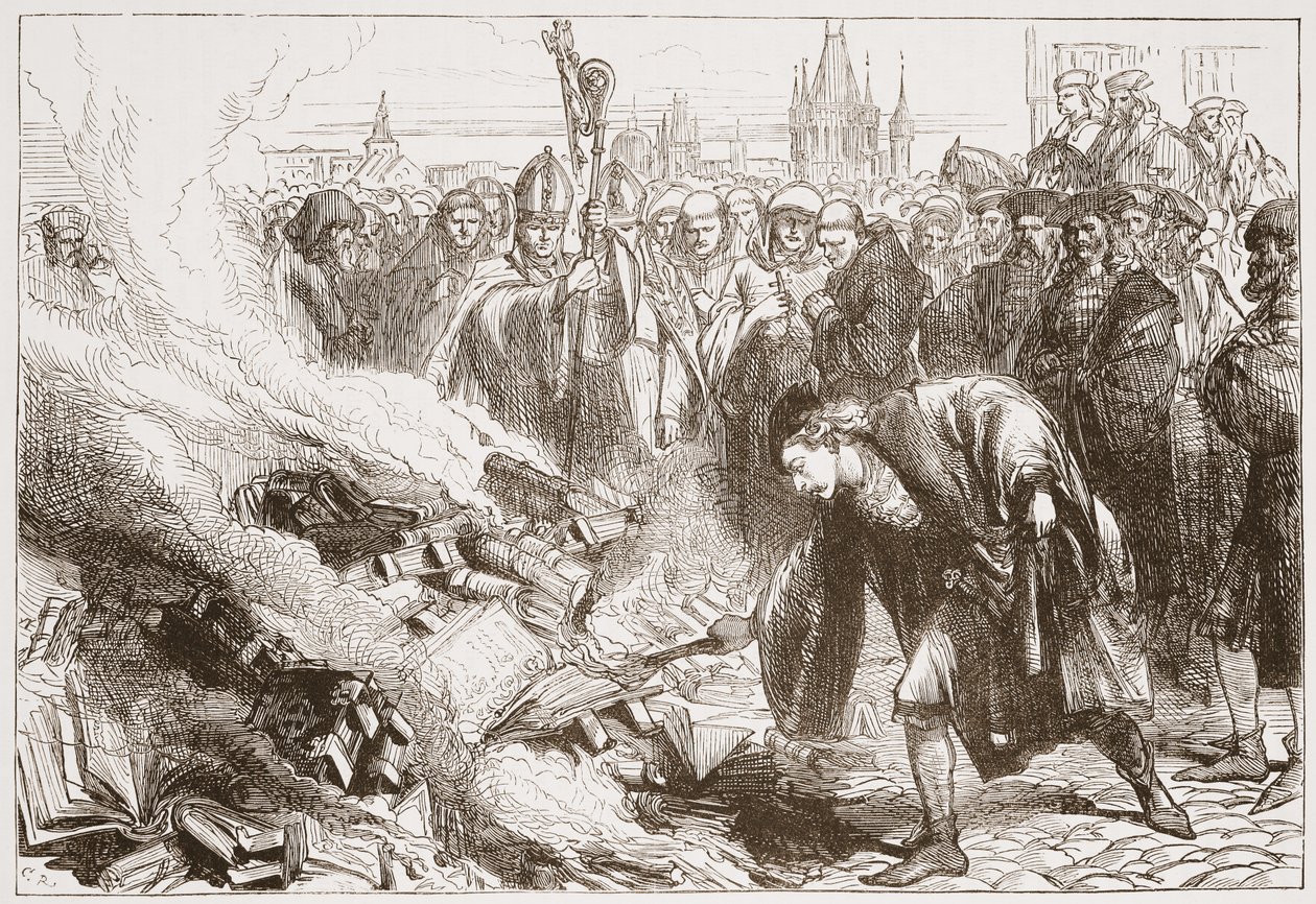 Wicliffe munkáinak megsemmisítése Prágában, illusztráció: James Aitken Wylie (1808-1890) A protestantizmus története című könyvéből, pub. 1878 alkotó: English School
