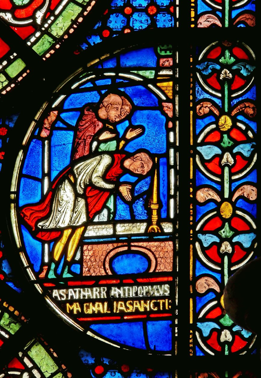 Részlet a csodaablakból, amely Eilward of Westoning köszönetét ábrázolja Thomas Becket sírjánál alkotó: English School