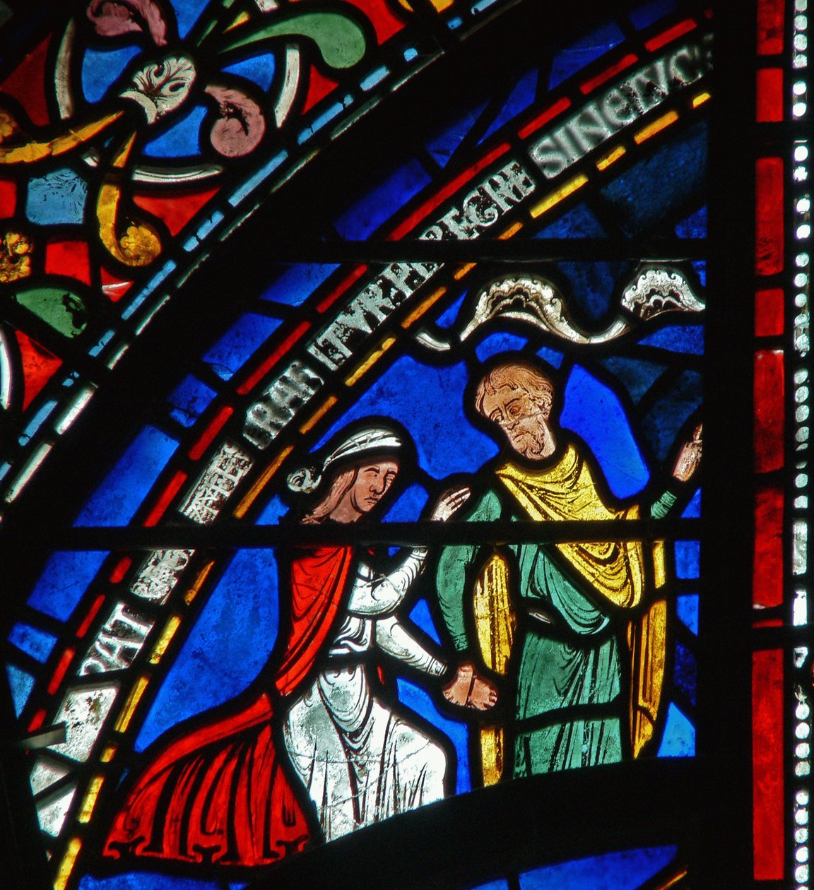 Részlet a Miracle Windowból, amely Juliana of Rochesters történetét ábrázolja (foltos osztály) alkotó: English School