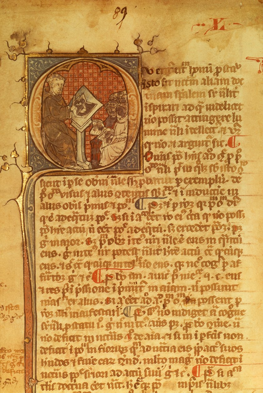 Díszlevél részlete egy 14. századi kéziratban. Duns Scotus tanítja tanítványait alkotó: English School